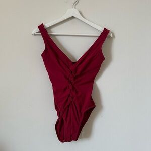 Karla Colletto Banded Lace-Up One-Piece Swimsuit Wine Red Size 10 US 6